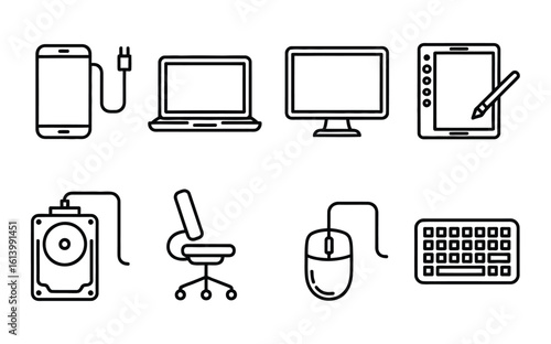 WebVector art of a collection of essential office and personal electronic devices are displayed in a clean, minimalist line art style, isolated on white background