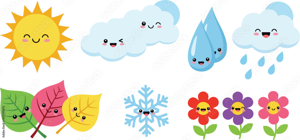 Obraz premium Cute weather icons with happy faces isolated on transparent background