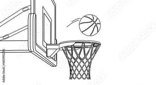 Basketball hoop net with ball vector illustration for sports equipment and game design outline drawing art 100