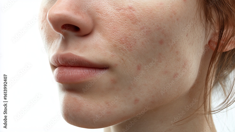 Fototapeta premium Close-up of a woman with pimples on her face, side view, against a white background