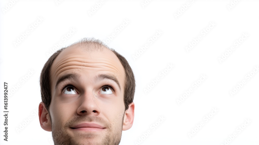Obraz premium A young Caucasian man with short brown hair looks up with a thoughtful expression. He has a light beard and is wearing a plain white shirt.