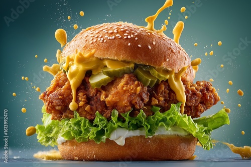 Close up of a delicious chicken burger with sauce splashing on a turquoise background
