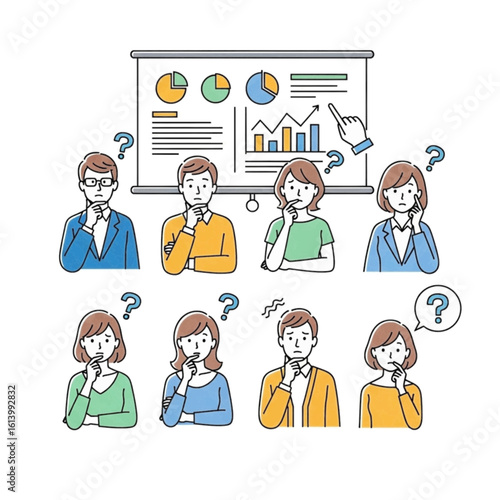 Illustration of a business team looking puzzled and confused at complex data analysis charts during a presentation