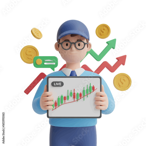 A young businessman analyzing a live candlestick chart on a tablet, symbolizing successful online trading and investment growth.