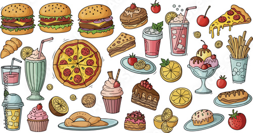 Collection of hand drawn fast food and desserts isolated on transparent background