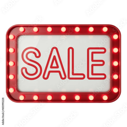 Bright red marquee sign announcing a sale