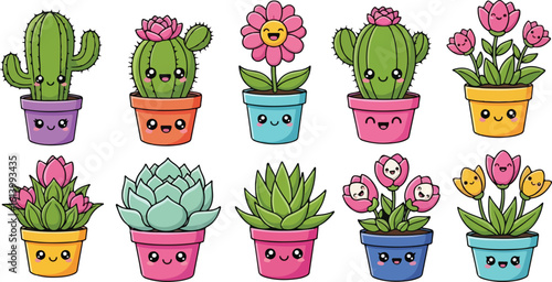 Cute kawaii cacti and succulents in flower pots isolated on transparent background