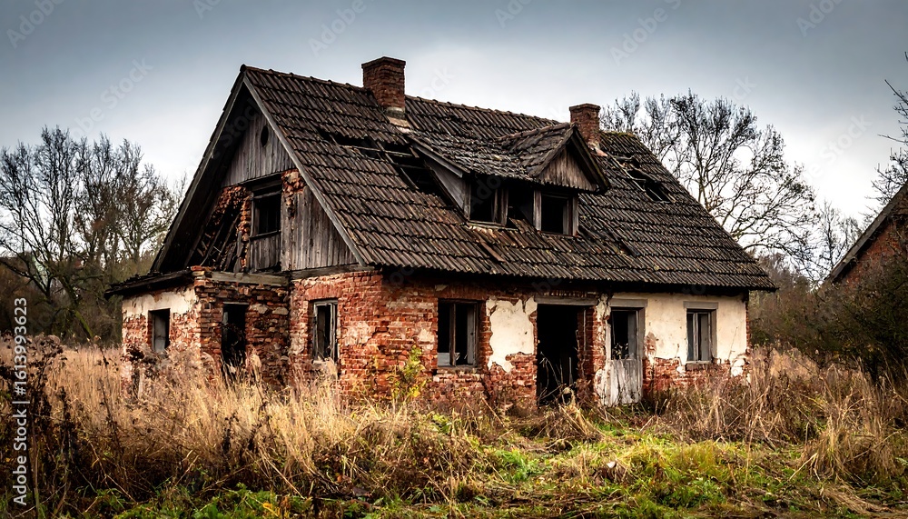 Obraz premium Abandoned, weathered house in a field