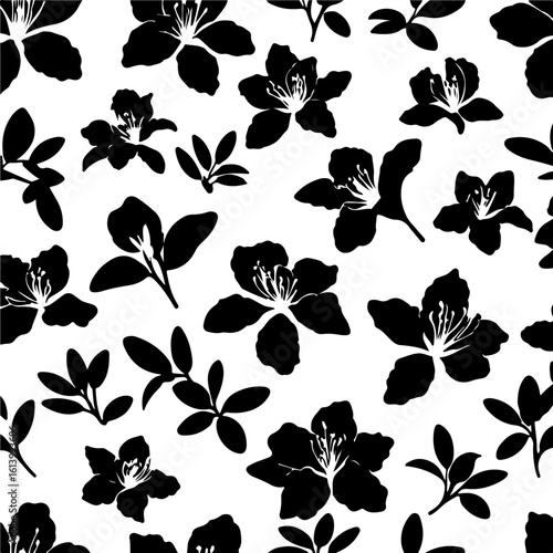 Charming black and white seamless pattern of scattered flower and leaf silhouettes, perfect for clean, modern, and elegant graphic designs, textiles, or digital backgrounds.