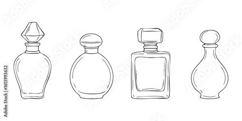 Perfume bottle glass and cosmetic shapes outlined in luxury packaging design. Elegant container sketch with aroma and fragrance concept. Suitable for branding, spa or fashion content.