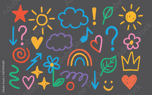 Kindergarten chalk element. Illustration with bright rainbow star confetti spark and joyful swirl in chalk texture. Heart flower leaf and arrow add colorful personality. Great for children, play.