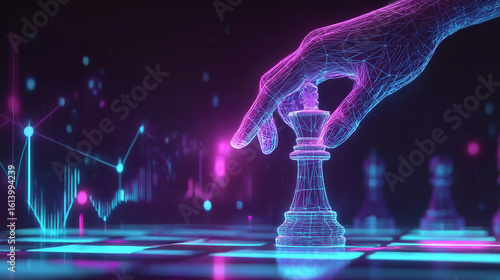 Digital Strategy Wireframe Hand Moving Chess Piece with Stock Market Data