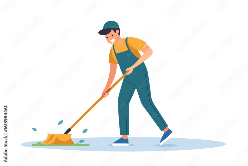 Obraz premium Janitor Mopping Floor Outline Vector Artwork