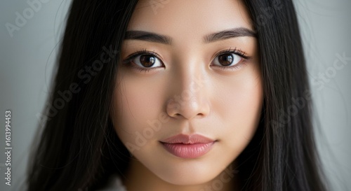 Wallpaper Mural Close-up portrait of a young woman with dark hair and brown eyes, neutral expression, soft light Torontodigital.ca
