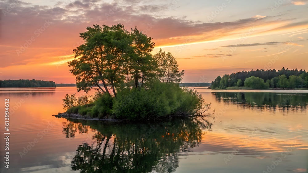 Obraz premium Serene Lake Landscape Reflecting Island Trees Under a Colorful Sunset Sky, Offering Peaceful Outdoor Views and Tranquil Natural Beauty.