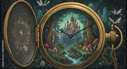 Enchanted fairytale scene inside a golden pocket watch with castle and fantasy landscape