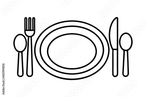 Dining Plate Fork Knife and Spoon in Line Art Vector