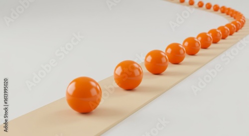 Orange spheres rolling along a beige path, curving gently to the right.  A minimalist, clean design