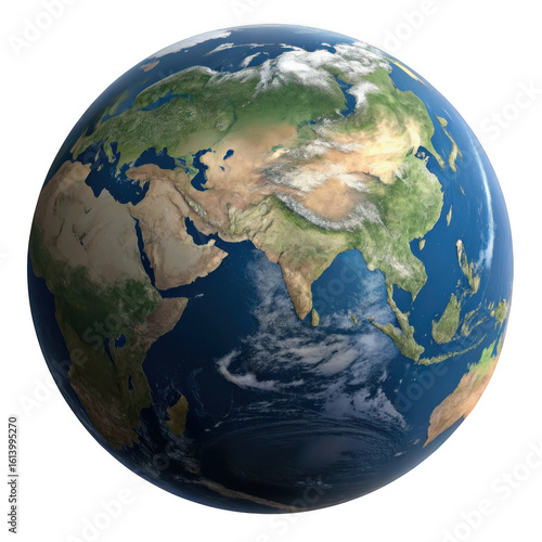 Realistic earth globe showing asia and europe isolated on transparent background