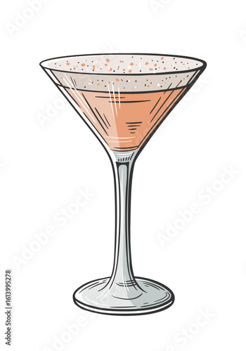 Aperol sour cocktail hand drawn isolated on white background. Vintage sketch of alcoholic drink glass. Colorful party cocktail. Vector illustration
