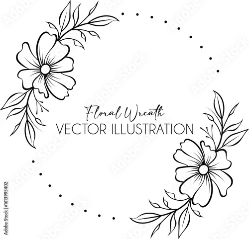 Circular half floral wreath for wedding invitation, label packaging and logo	
