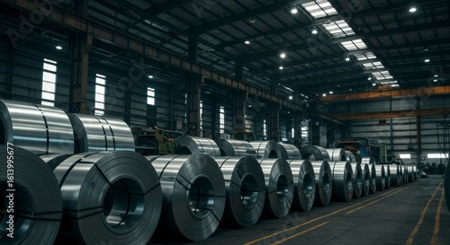 Industrial warehouse filled with steel coils