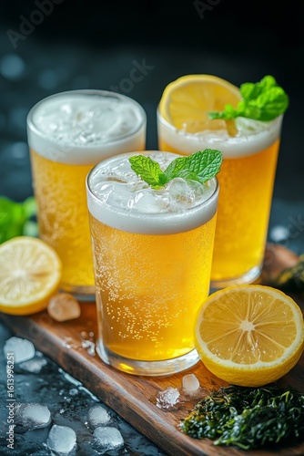 Refreshing Lemon Mint Drink Served in Two Glasses on Wooden Platter With Fres...