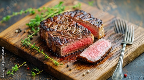 Juicy Grilled Steak Served on Wooden Cutting Board With Herbs and Spices