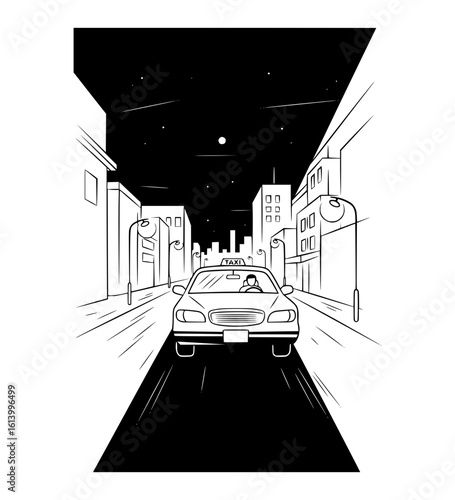 taxi driving at night, black and white clip art preview