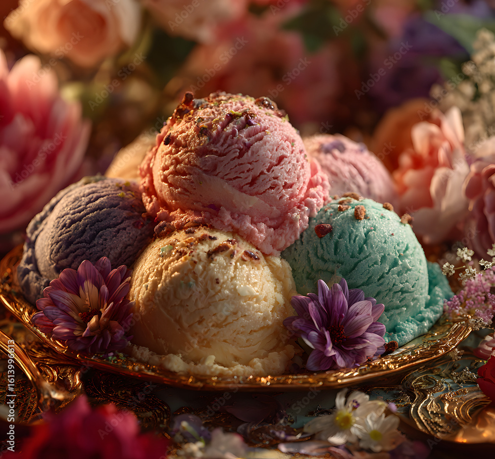 Fototapeta premium colorful ice cream on a luxury table with flowers
