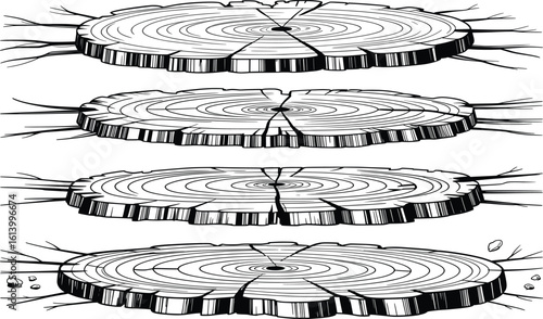 Tree Trunk Cross Section Line Art, Wood Rings and Stump Slice Illustration Set.
