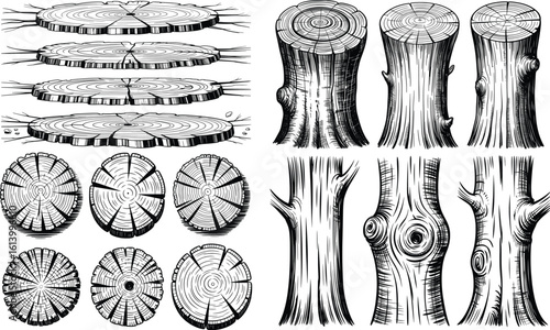 Tree Stump and Log Cross-Section Illustration Set, Rustic Wood Texture Drawings for Nature and Outdoor Design.