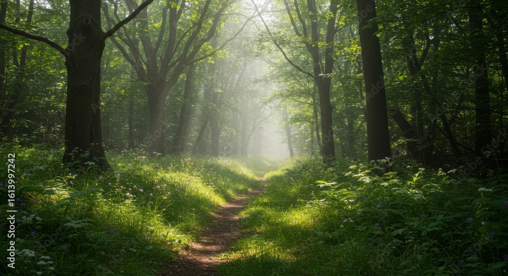 Obraz premium Sunlit path through a misty woodland
