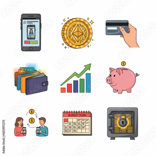 Finance and technology icon set for money management. Illustrations for digital payment, cryptocurrency, savings, and investment.