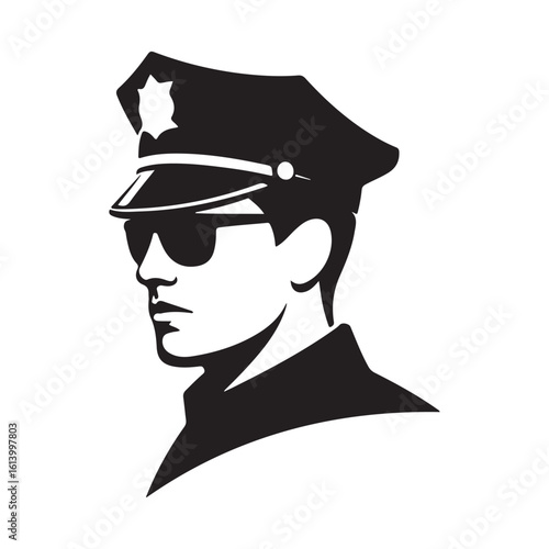 A black and white illustration of a police officer wearing sunglasses