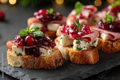 Wallpaper Mural Festive Crostini Delights: Holiday Appetizers with Cranberry Sauce, Brie, Salami, and Mint on Slate Torontodigital.ca