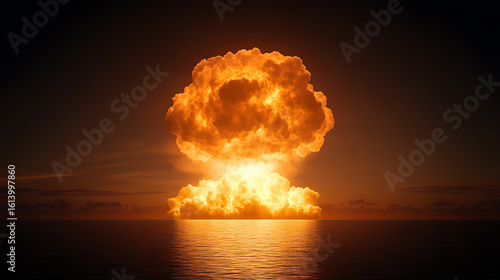 Fototapeta Naklejka Na Ścianę i Meble -  A mushroom cloud rises above the ocean, illuminated by an internal glow. The sky is a dark orange, contrasting with the bright explosion.