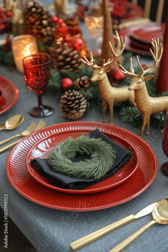 Elegant Holiday Table Setting With Festive Decorations and Shimmering Gold Ac...
