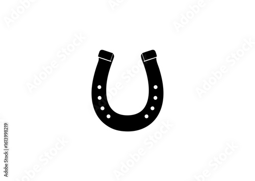 Black silhouette of a traditional horse shoe icon with rounded edges and nail holes, isolated on a white background. Vector illustration ideal for luck, equestrian, farrier, or Western-themed designs.