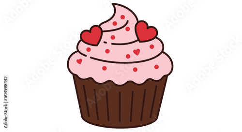 Cute Valentine s Day Cupcake with Pink Frosting and Red Heart Decorations