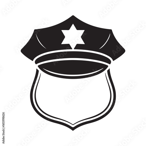A black and white graphic illustration of a police hat and badge emblem