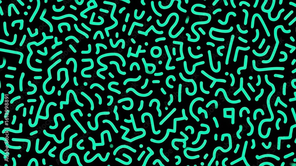 Geometric memphis inspired pattern featuring turquoise rounded shapes, straight lines, and dots contrasting against black background, generating seamless repeatable design Geometric memphis inspired pattern featuring turquoise rounded shapes, straight lines, and dots contrasting against black background, generating seamless repeatable design