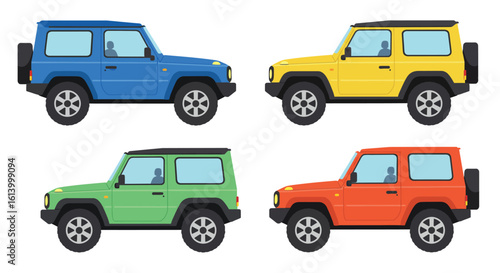 Collection of Colorful Off Road Vehicles Isolated on a White Background