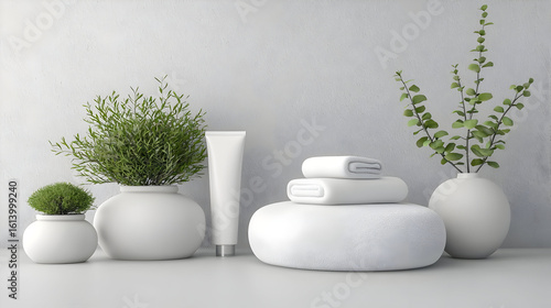 Clean, minimalist scene with white cosmetic tube, towels, and plants in ceramic pots.  Gray background
