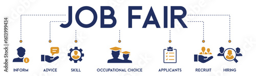 Job Fair website icons vector concept illustrated with an icons of inform, advice, skill, occupational choice, applicants, recruit, hiring, professional, management, negotiation, partnership, search.