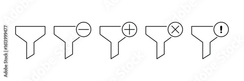 Filter icon set with plus minus cross alert symbol editable outline style clean minimal vector design for UI UX interface.