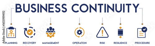 Business Continuity website icons vector concept illustrated with an icons of planning, recovery, management, operation, risk, resilience, procedure, backup, checklist, crisis, decision, enterprise