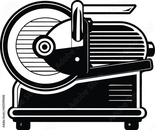 Meat slicer silhouette, kitchen appliance line art, butcher tool vector, food preparation drawing, minimal equipment icon