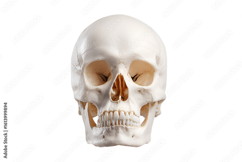 Naklejka premium Human skull front view with white background and empty space anatomy bone