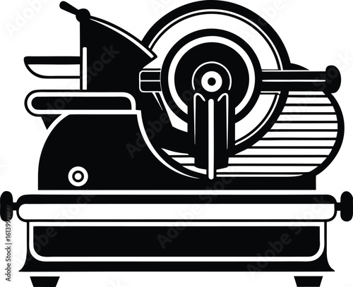 Meat slicer silhouette, kitchen appliance line art, butcher tool vector, food preparation drawing, minimal equipment icon